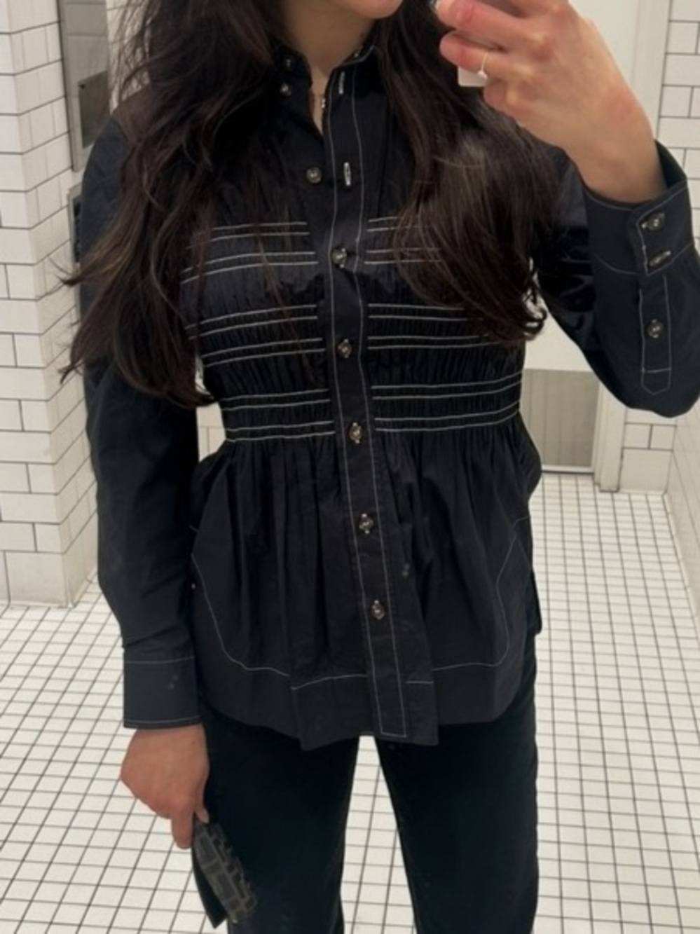 GANNI Smocked Button Down Collared Blouse in Black - 0